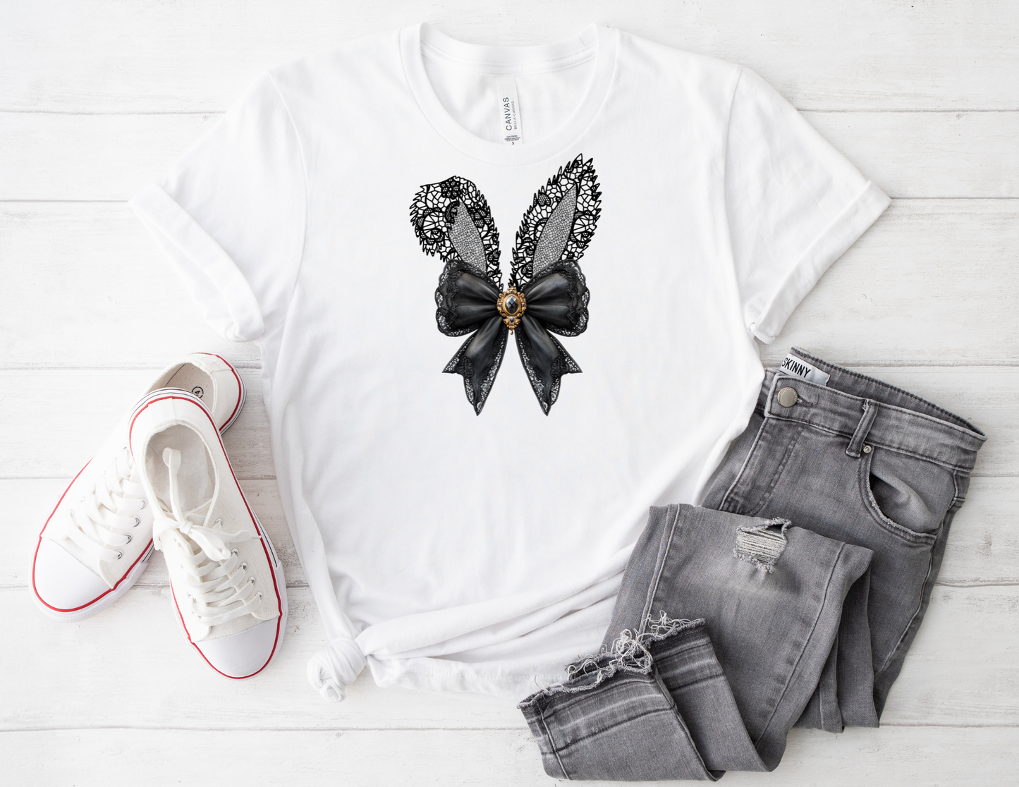 Lace Bunny Ears-black (Adult/Kids) Tee