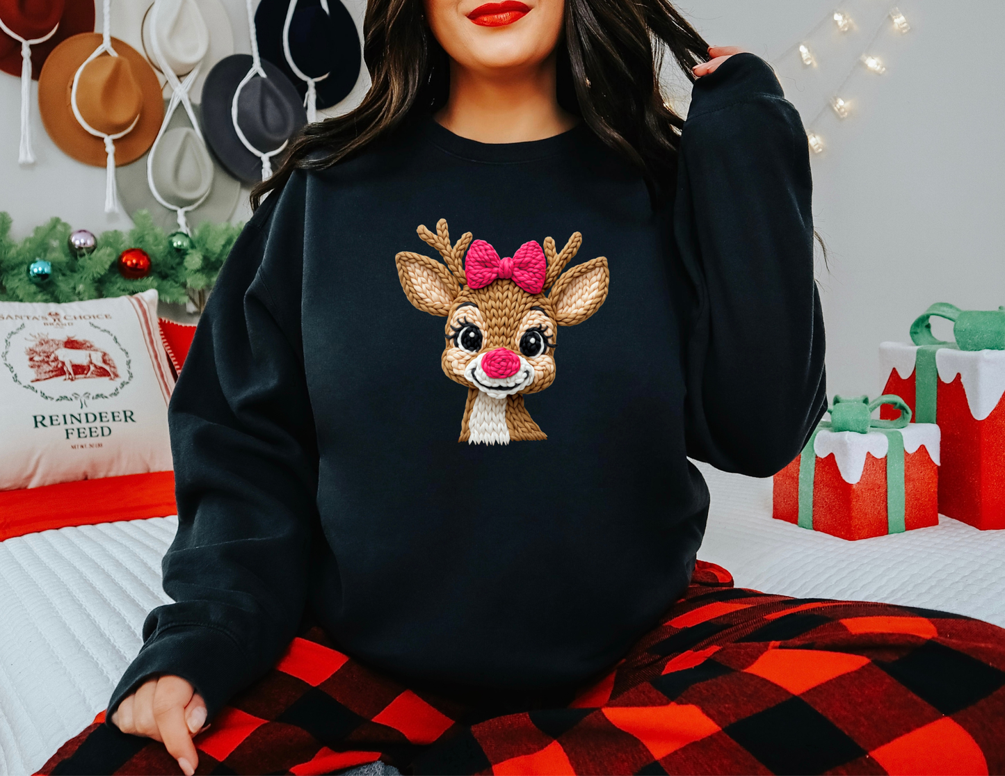 Reindeer Pink Bow Faux Knit Tee/Sweatshirt