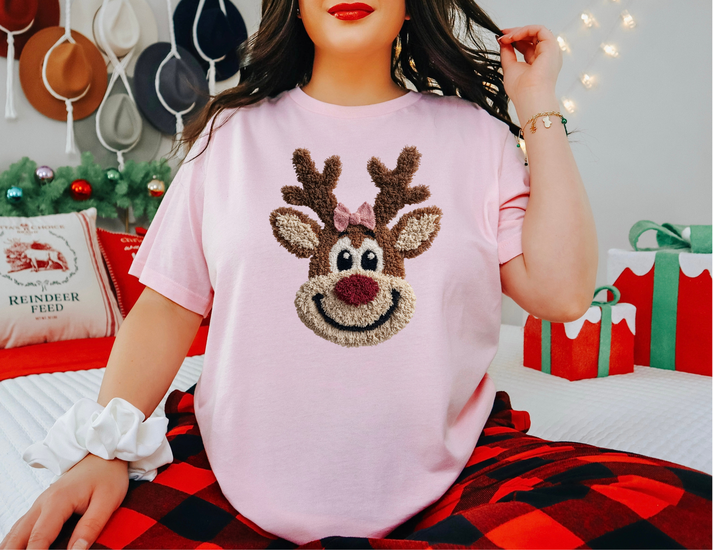 Jolly Reindeer Pink Bow Tee/Sweatshirt