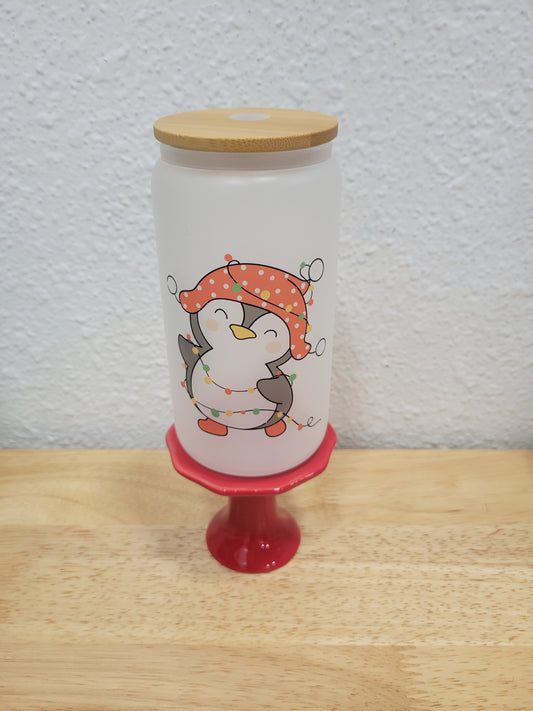 Holiday Penguin Glass Can Cup