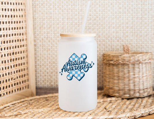 Autism - Blue Checkered glass cup