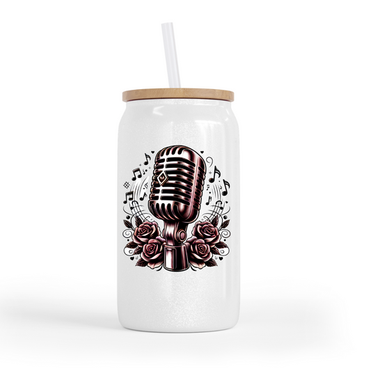 Mic and Roses Glass Can Cup