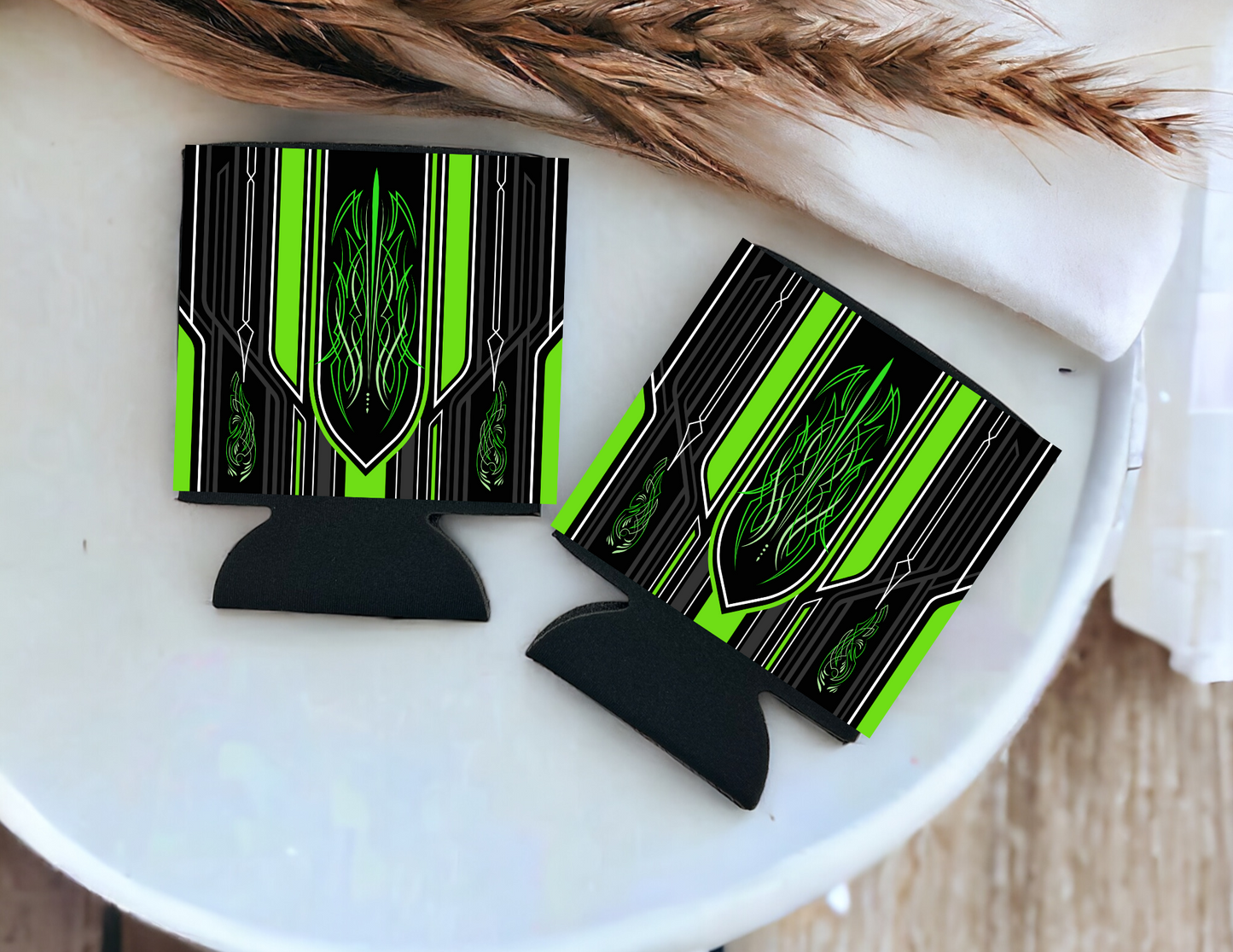 Can Cooler-Green Pinstripe set of 2