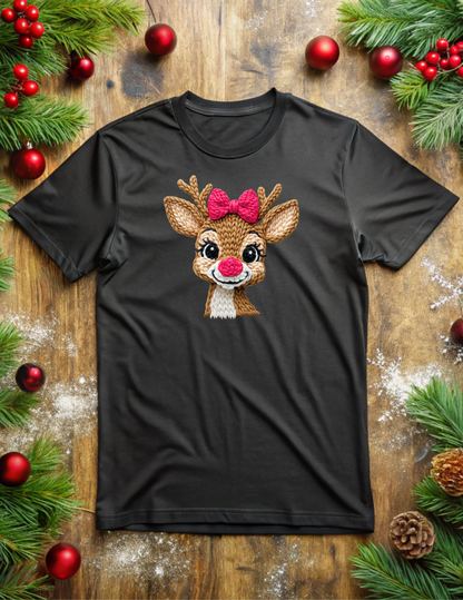 Reindeer Pink Bow Faux Knit Tee/Sweatshirt
