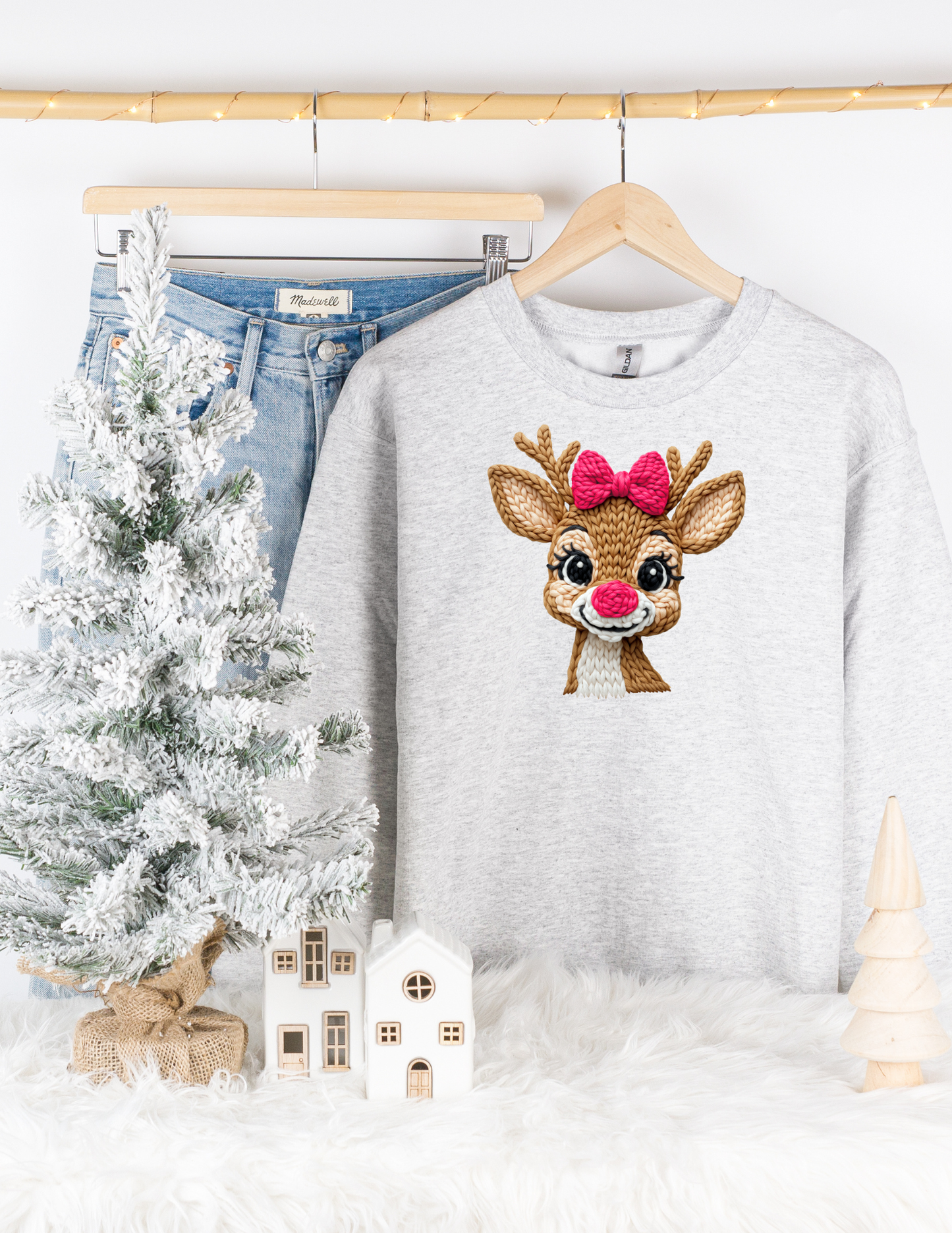 Reindeer Pink Bow Faux Knit Tee/Sweatshirt