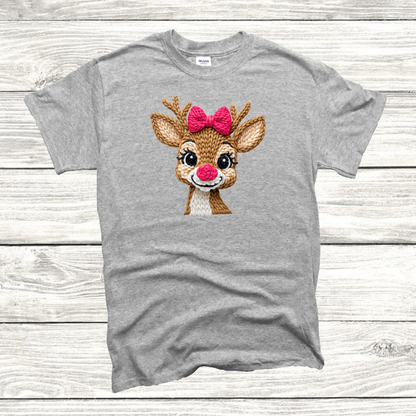 Reindeer Pink Bow Faux Knit Tee/Sweatshirt