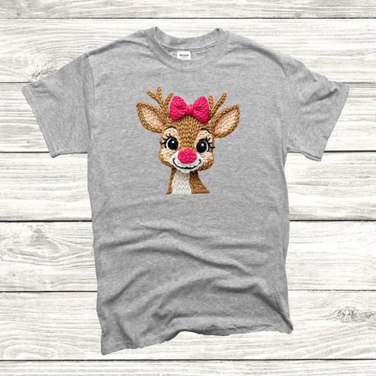Reindeer Pink Bow Faux Knit Tee/Sweatshirt