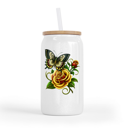 Yellow Rose Glass Can Cup